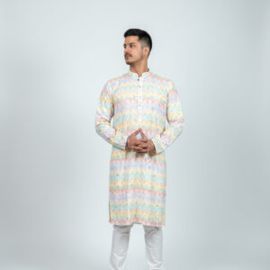 Soft Pastel Rainbow Print Kurta Set With MIrror Work